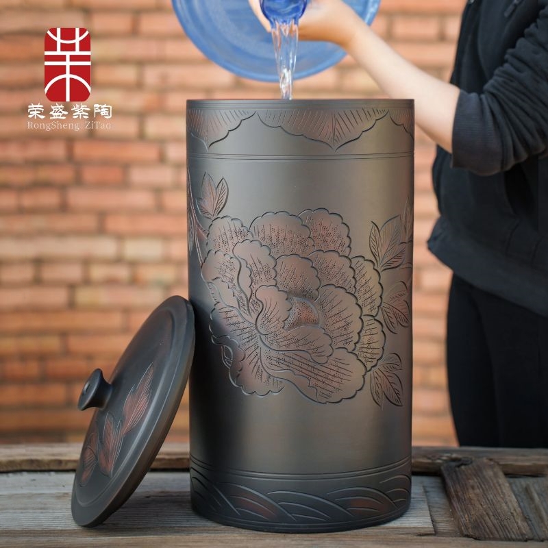 水缸陶瓷水桶纯净水桶家用大号储水用带盖老式茶道茶台抽水款18升