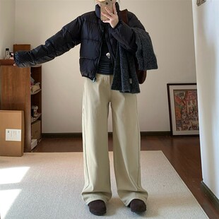 Omang桃喜 卡其色复古加绒直筒牛仔裤女秋冬高腰宽松窄版阔腿长裤