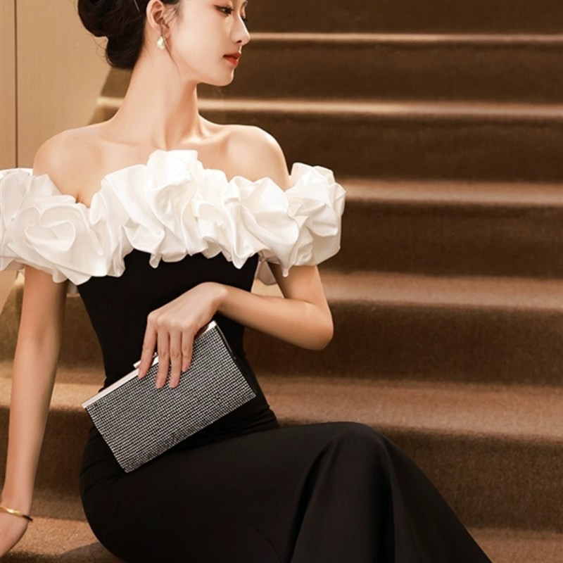 高级感法式黑色气质名媛宴会礼服一字肩成人礼连衣裙修身鱼尾长裙