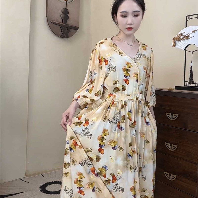 新款优雅高雅套头连衣裙口袋款可外穿长裙短袖轻薄绵绸夏季女士