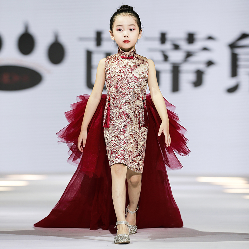 儿童礼服女童中国风高端模特走秀国潮小女孩旗袍拖尾裙演出服夏季