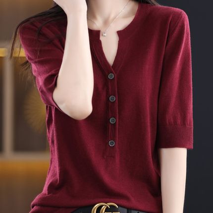 温柔风V领针织短袖女春夏薄款五分袖上衣2023新款宽松百搭T恤上衣