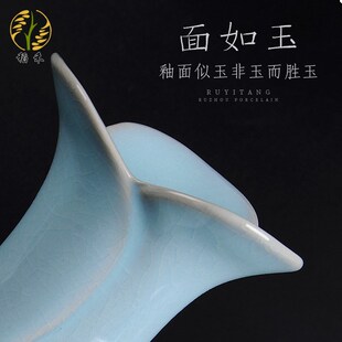 仿古汝窑陶瓷花瓶宽口蓝色中式简约高级感客厅插花电视柜装饰摆件