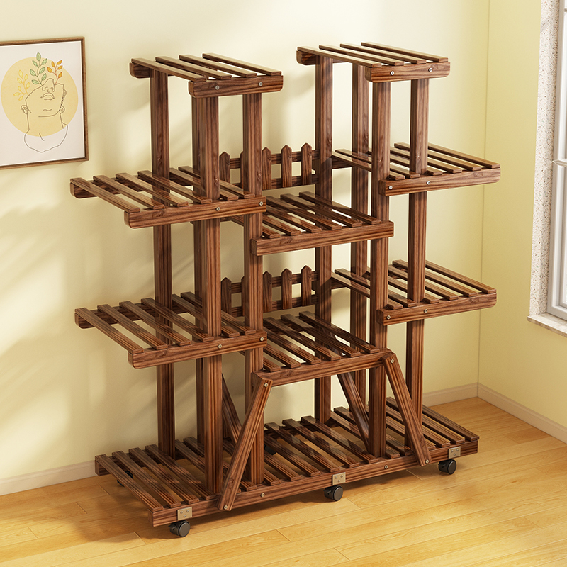 花架置物架阳台实木多层室内移动带轮花盆架客厅落地式多肉花架子