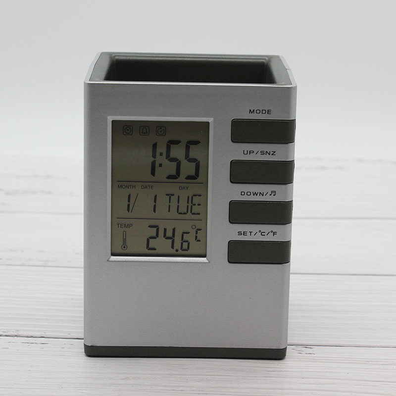 方形创意多功能电子万年历笔筒带背光办公桌面时钟企业定制印logo