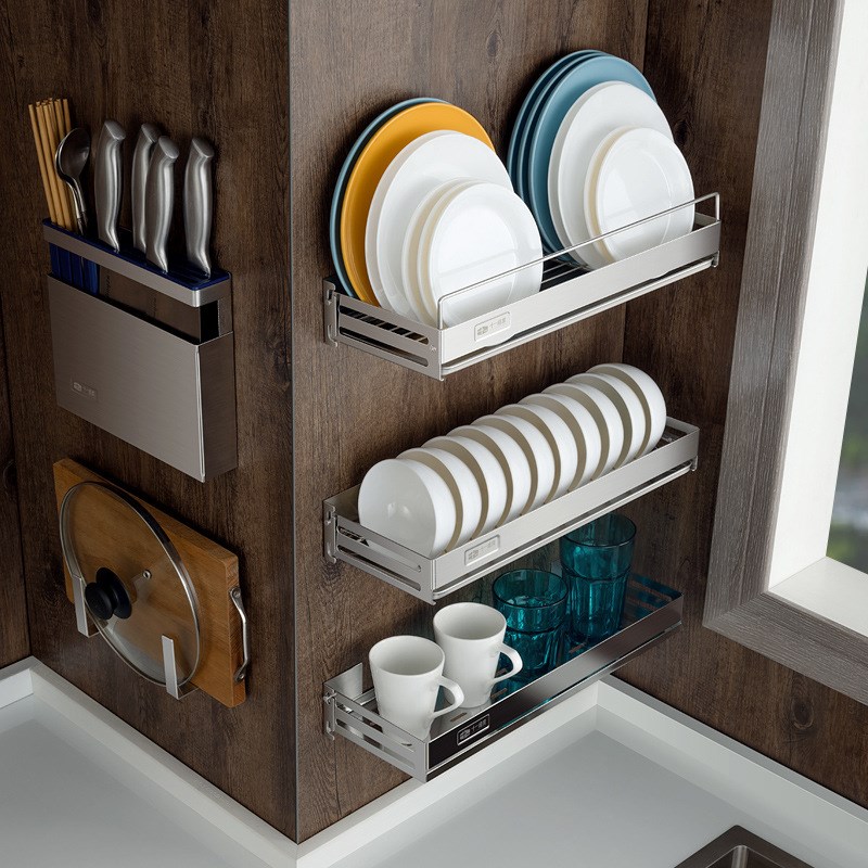 304不锈钢厨房置物架墙上壁挂式免打孔锅盖收纳架菜板架刀架毛巾