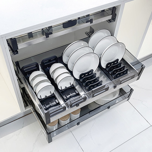 厨房橱柜抽屉内置碗碟架盘碗架可调节台面拉篮沥水置物架长度定制