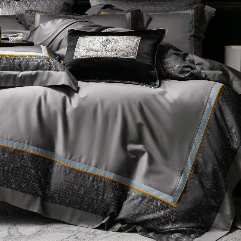 轻奢高端澳棉纯棉四件套色织大提花全棉拼接1.8m床上用品灰色床单