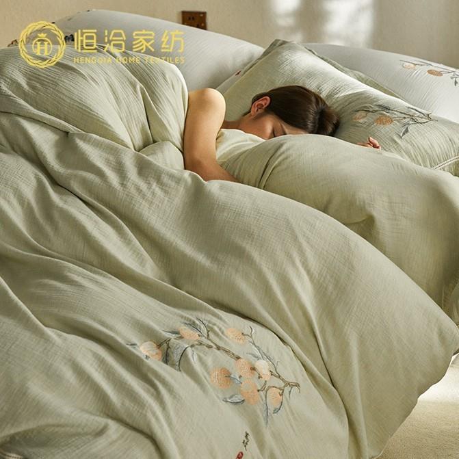 超柔全棉色织双层纱四件套精致刺绣纯棉绑带透气被套床上用品绿色