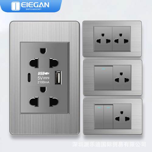 118型开关带usb type-c灰色不锈钢110V泰式墙壁开关-S18