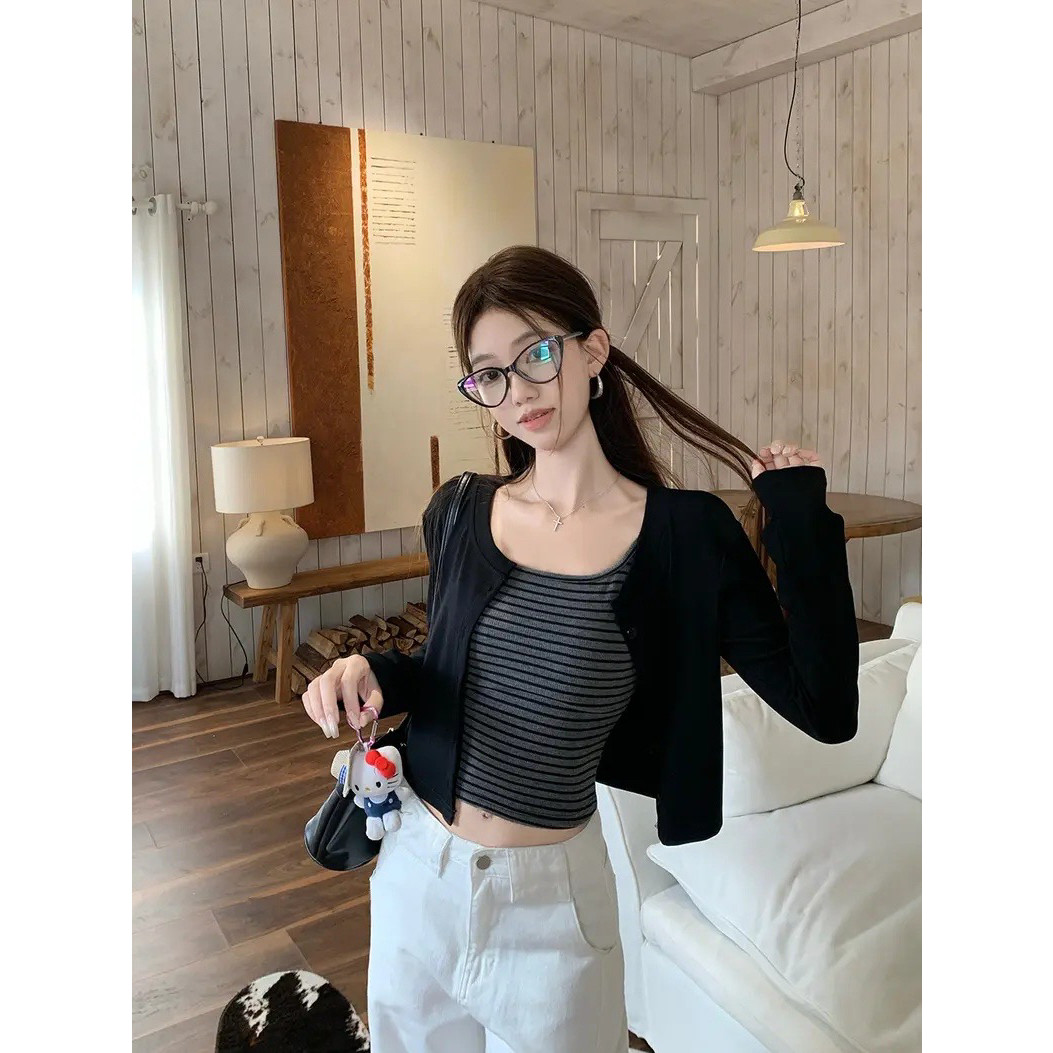 已出货人棉260克开衫原版色织条背心条纹抹胸吊带背心女秋修