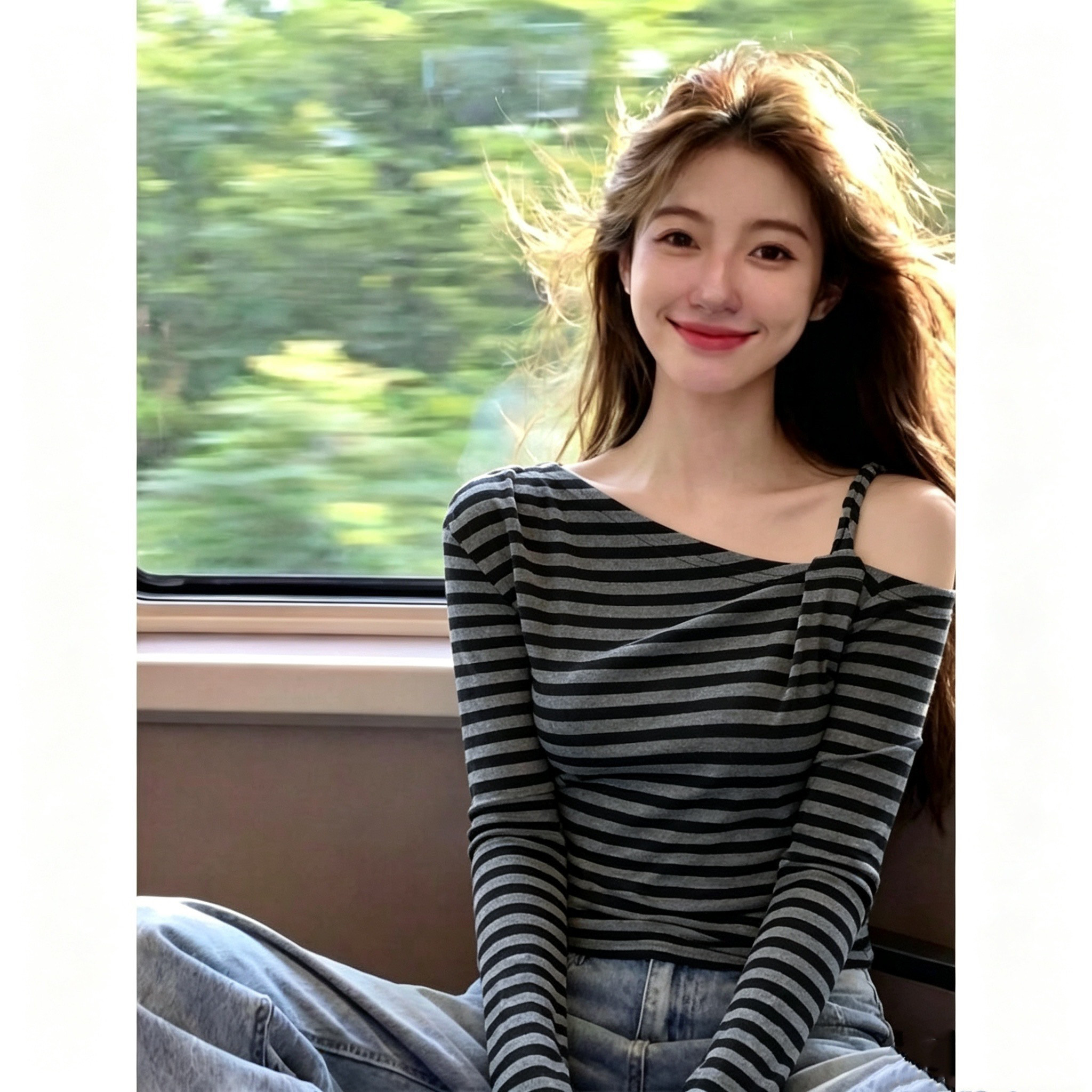 已出货聚酯纤维8氨纶纯欲风斜肩吊带长袖T恤女秋韩版修身打