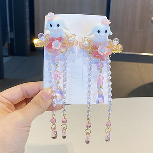 小兔子古风儿童发夹珍珠流苏唐装汉服古装发饰女宝宝卡通可爱花朵