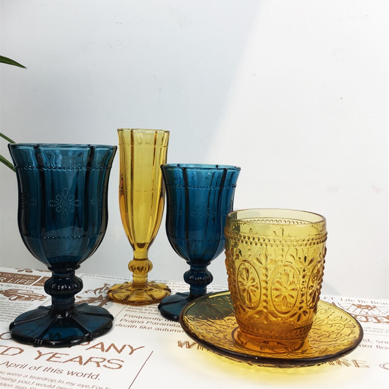 家用波西米亚宝石蓝加勒比海洋灰色刻花浮雕甜品水杯冰激凌杯包邮