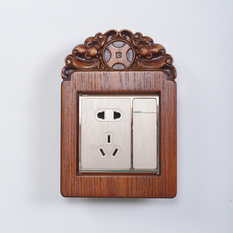 实木开关贴保护套新中式插座开关装饰墙贴面板实木雕刻开关保护贴