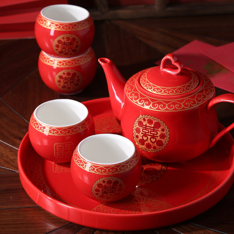 中国传统红色陶瓷结婚茶具套组创意婚庆用品长辈敬茶杯壶婚礼嫁妆