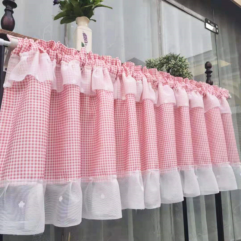 北欧田园格子厨房隔断帘洗手台橱柜半帘魔术贴门帘短帘防尘帘窗幔