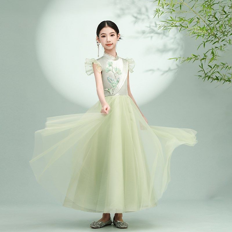 琴愫女童礼服中国风复古中式黄绿旗袍演奏古典舞合唱主持演出服