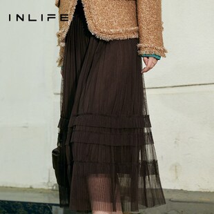 伊纳芙法式复古高腰垂感半身裙春季新款显瘦遮胯飘逸纱裙a字裙子