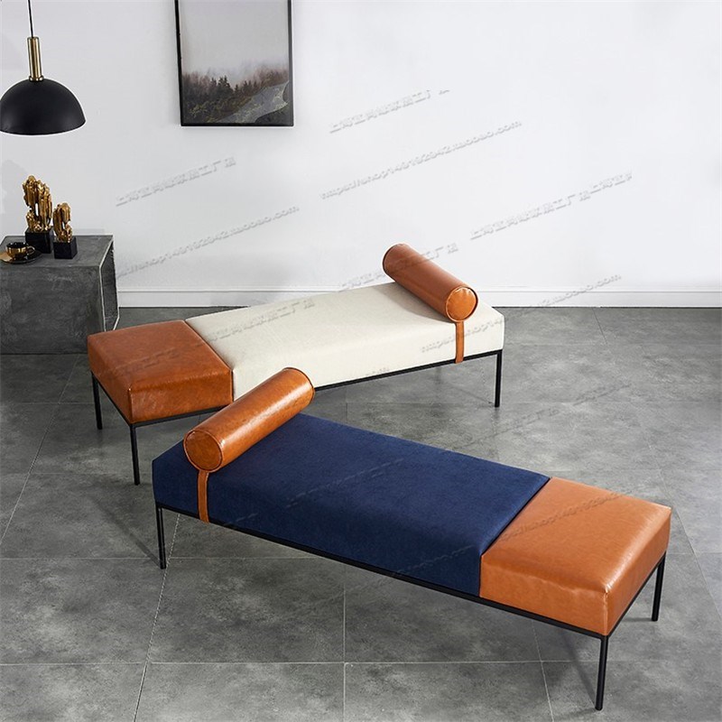 北欧轻奢风床尾凳卧室床前凳床榻客厅小沙发凳简约皮布拼色换鞋凳