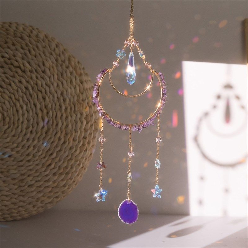 紫碎石水晶月亮太阳捕手风铃玛瑙吊坠捕梦网挂件儿童房装饰礼物送