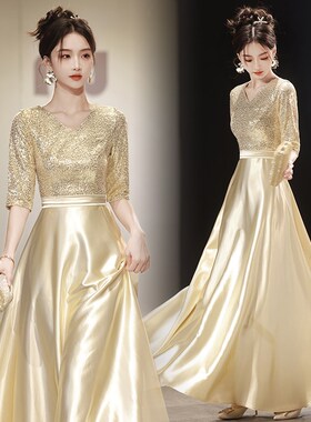 香槟色合唱服团长裙演出晚礼服女主持成人指挥服舞台比赛表演服装