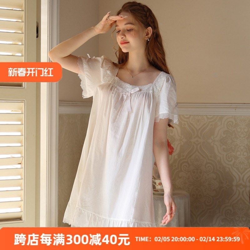 夏季法式宫廷风纯棉睡裙短款性感女款新款公主风睡衣短袖白色短裙