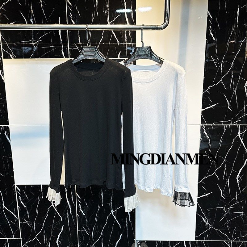 打底衫百搭内搭黑色拼接网纱喇叭袖修身圆领t恤女士t恤上衣长袖,女装/女士精品,T恤,淘宝优惠券,粉丝福利购,淘宝优惠卷