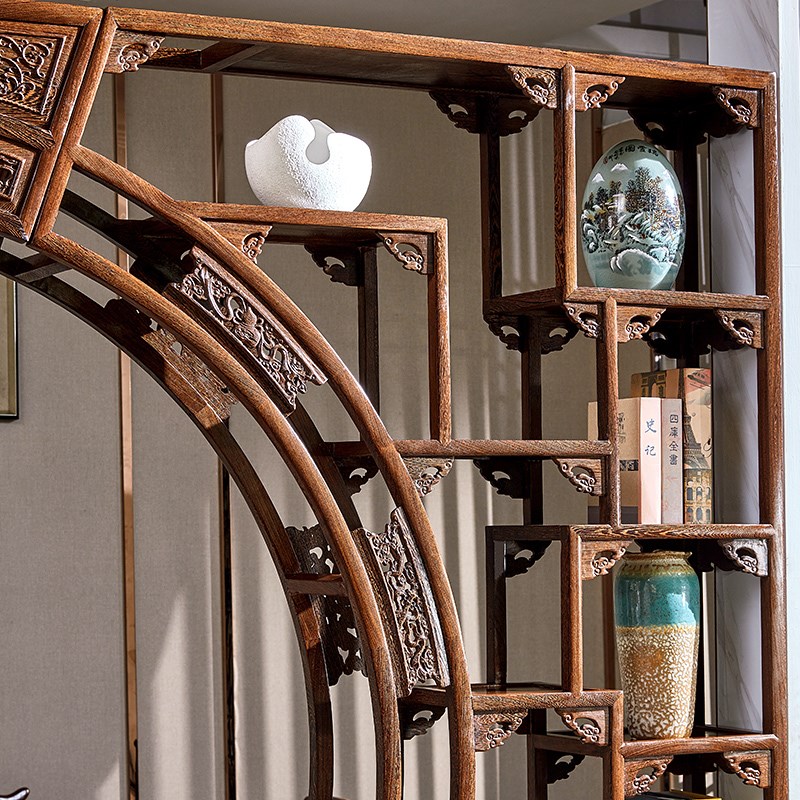 王木匠鸡翅门架月洞门 隔厅柜 门厅博古架 玄关隔断门厅柜中式