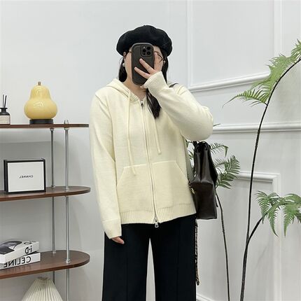 大码胖妹妹美式休闲双拉链连帽毛衣女秋冬新款设计感短款针织开衫