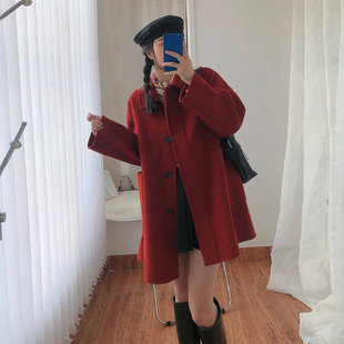 2023系带呢子大衣高级感红色小个子秋冬装搭配显高毛呢外套女短款