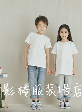 新款拍照的亲子装夏纯白色t恤一家三四口婴儿全家福白色摄影服装