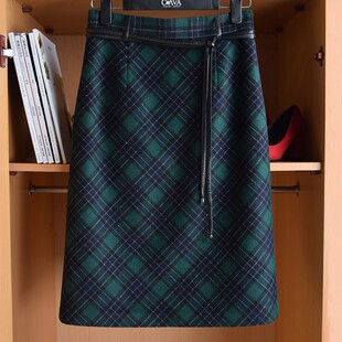 复古高腰羊毛包臀半身裙格子长裙过膝裙修身显瘦绿色秋冬H型半裙