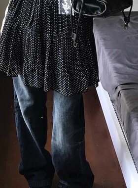 Y2K叠穿屁帘黑色波点蛋糕裙女亚比A字裙小个子百褶短裙高腰迷你裙