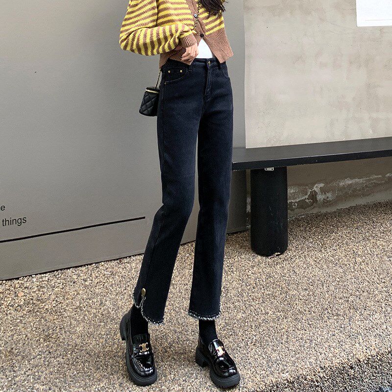 胖mm大码女装高腰毛边直筒牛仔裤女小个子宽松开叉九分垂感烟管裤