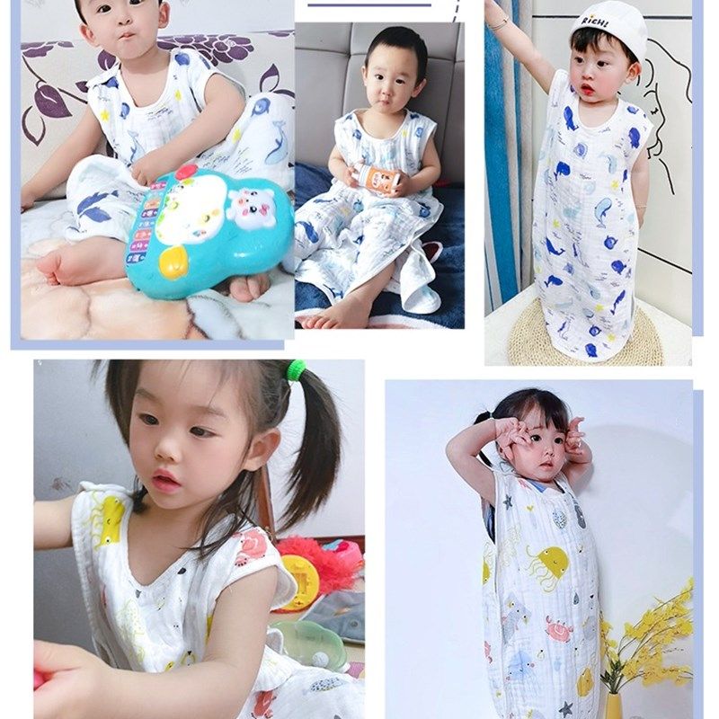 婴儿睡袋夏季薄款宝宝春秋纯棉纱布无袖背心儿童护肚防踢被空调房