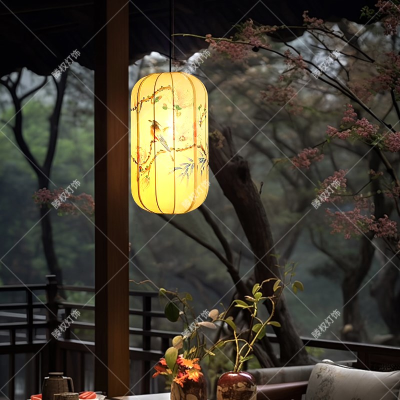 中式小吊灯单头阳台中国风茶室禅意灯火锅店走廊手绘布艺冬瓜灯笼