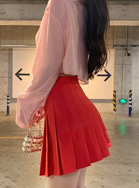 红色百褶裙女夏季高腰a字裙显瘦短裙春秋学院风西装面料半身裙裤