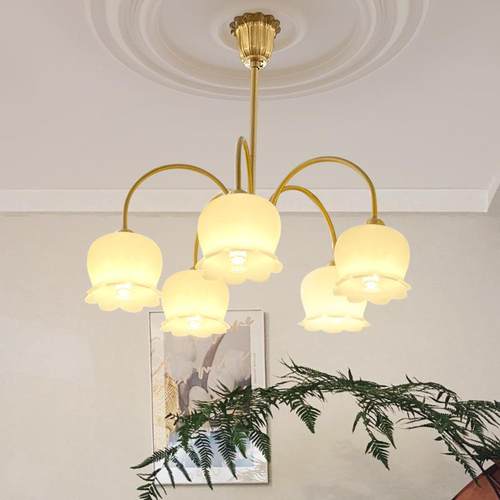 法奢奶油风814铃兰花厅朵吊灯客厅餐主卧室灯具轻美式黄铜复古c式