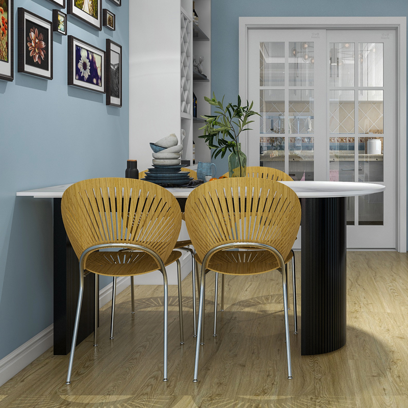 法式奶油风小户型岛台岩板餐桌靠墙实木家用O半圆形桌子大理石餐