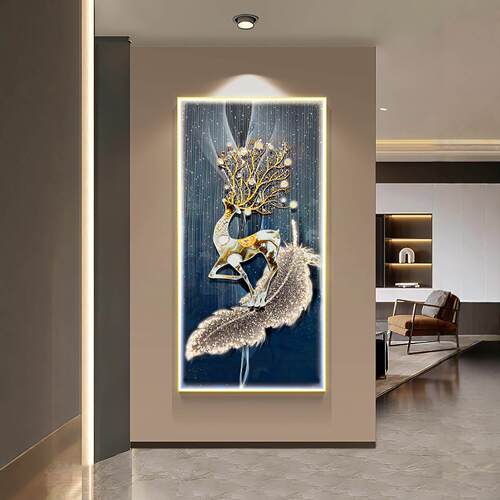 大气麋鹿入户玄关装饰画现代简约挂画轻奢走廊镶钻发光晶瓷画
