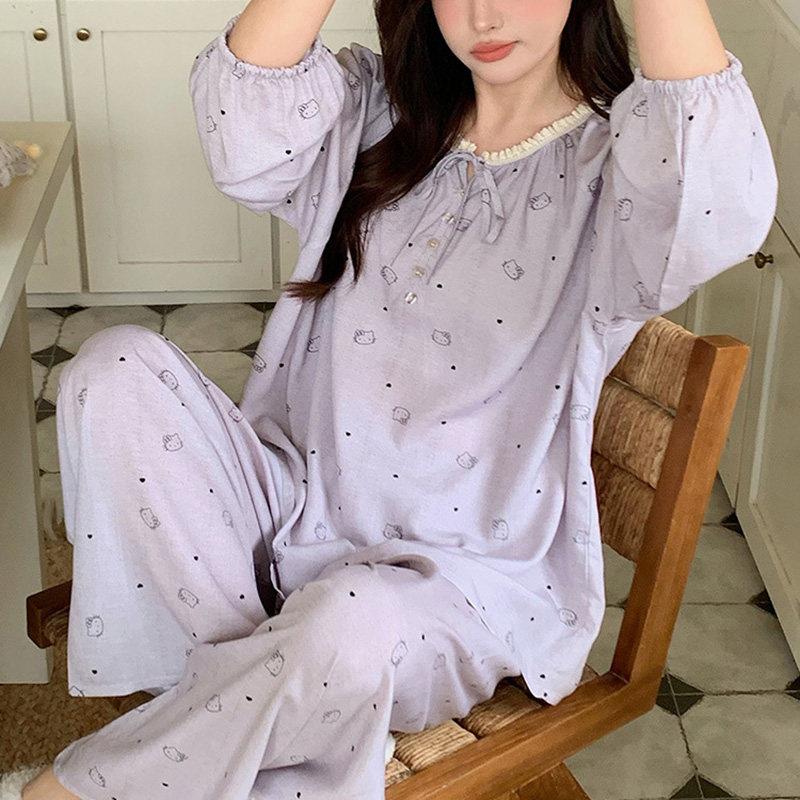年轻款东方绸睡衣东风尼韩系稠呢碎花棉球套装年轻人棉绸衣服薄款
