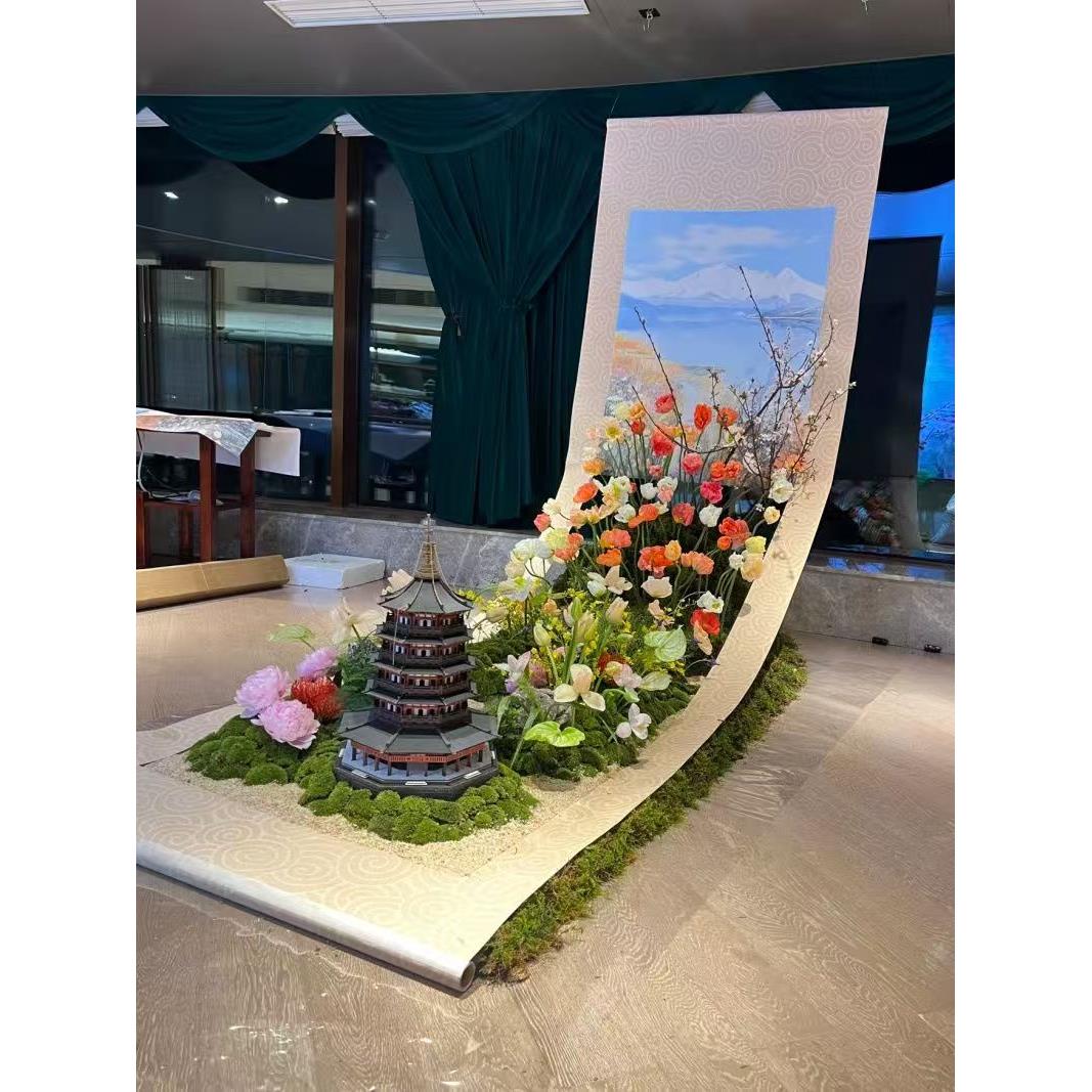画中仙古风卷轴画轴镂空卷轴幼儿园造景拍照打卡美陈背景布装饰墙图片