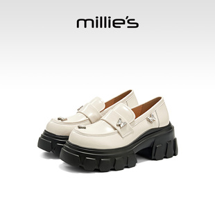 MILLIE'S/妙丽厚底乐福鞋女冬季蝴蝶增高小皮鞋气质亮面时尚单鞋