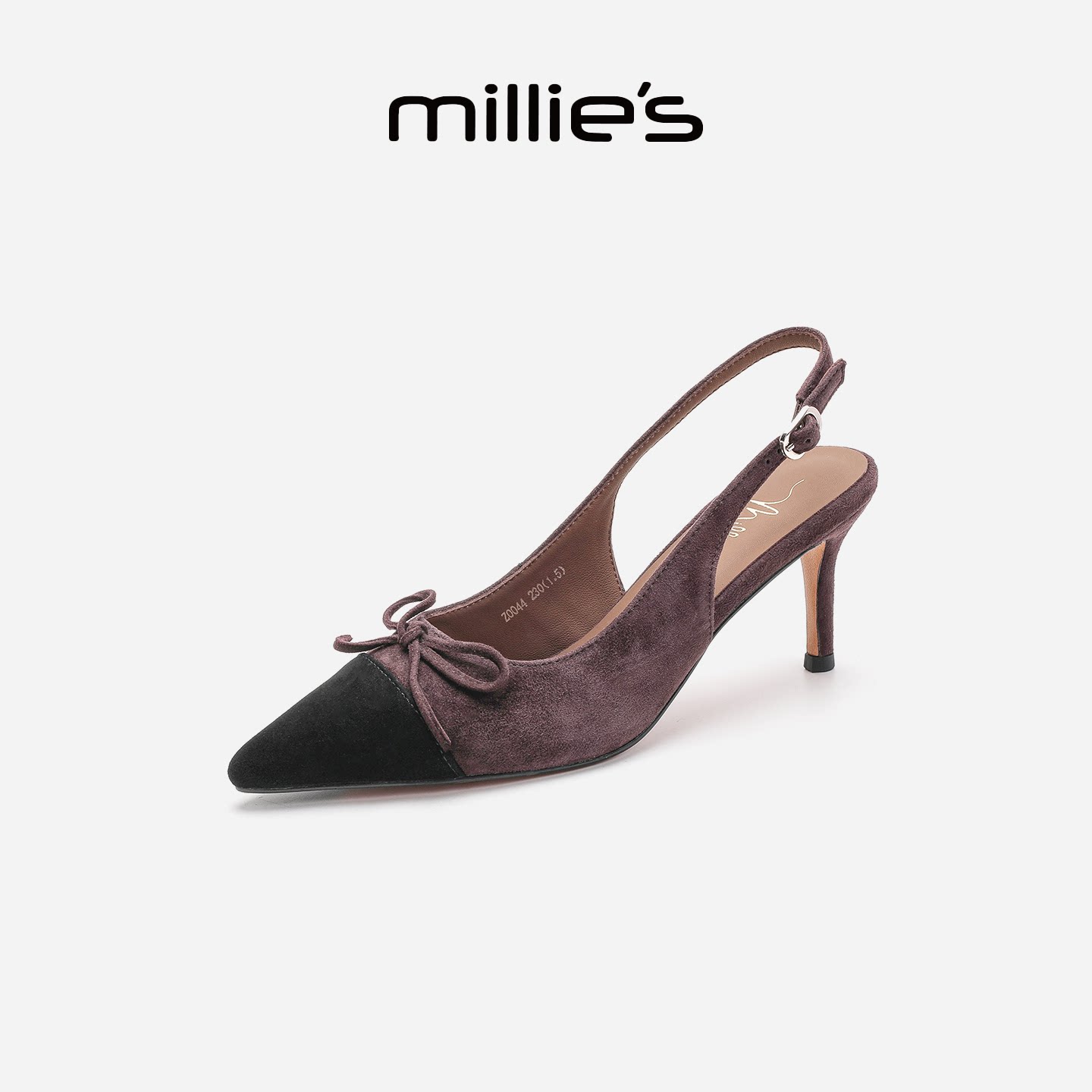 MILLIE'S/妙丽精致蝴蝶结拼色鞋面尖头高跟一字带后空包头凉鞋女