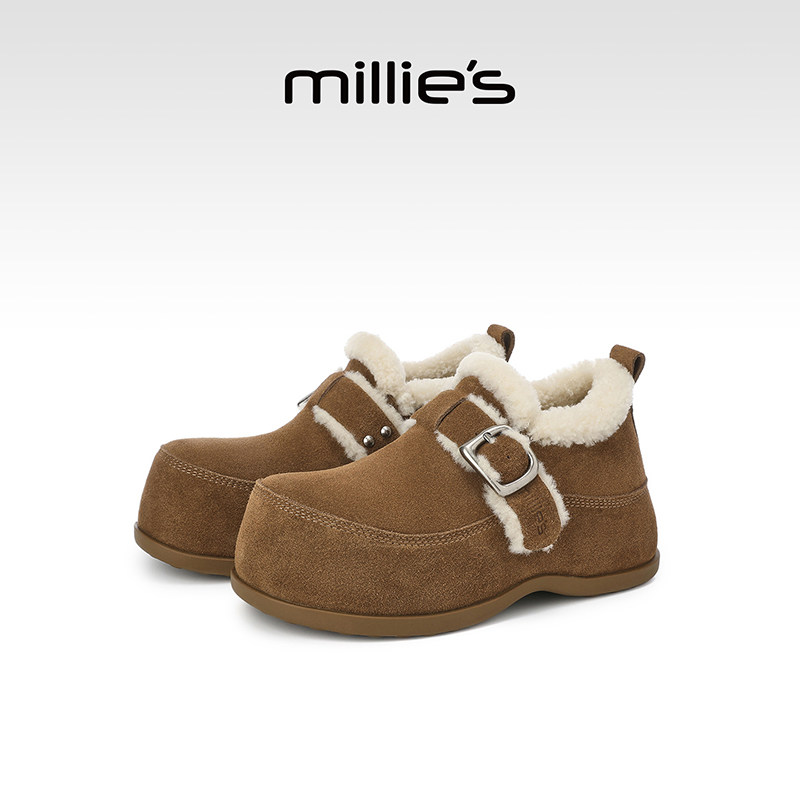 MILLIE'S/妙丽厚底毛绒勃肯鞋女2026新款冬季加绒内增高雪地棉鞋