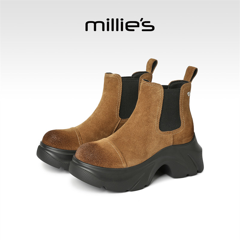 MILLIE'S/妙丽厚底马丁靴女款2026新款冬季英伦风真皮切尔西短靴