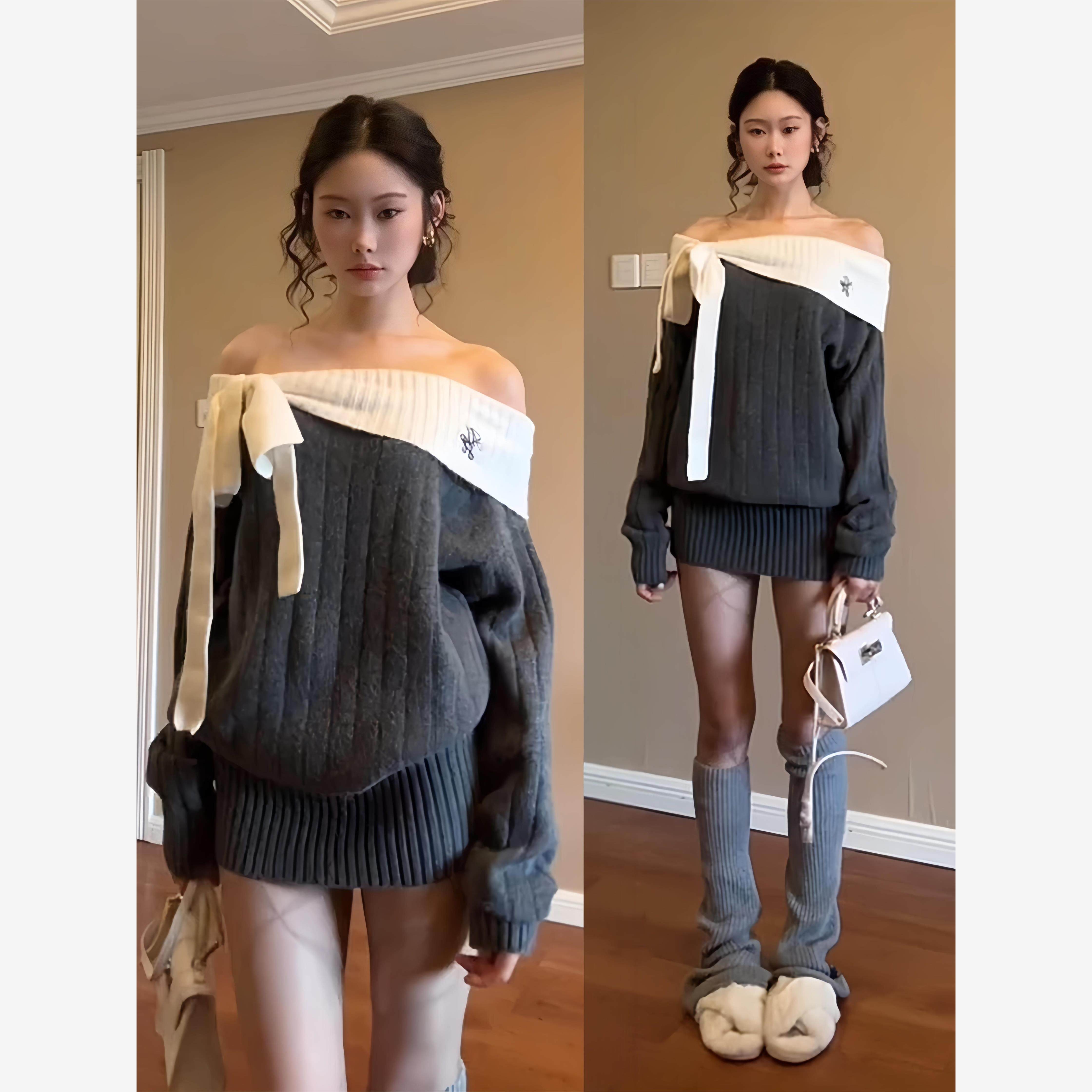 法式灰色一字肩针织连衣裙子女秋冬季2025新款巨好看气质包臀短裙