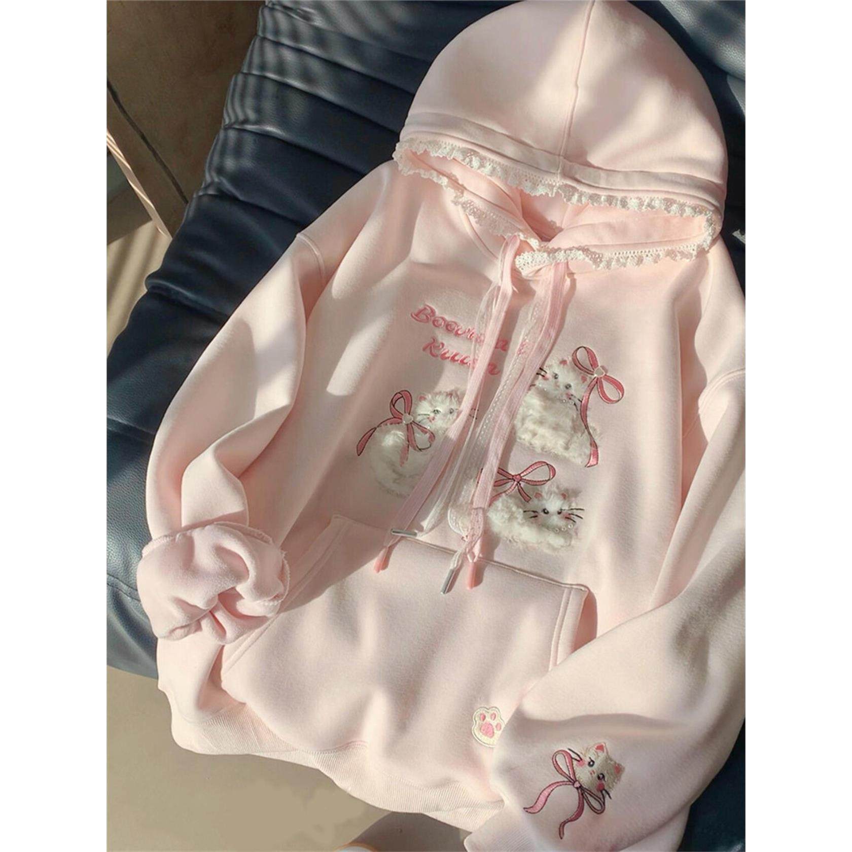 美式温柔刺绣猫咪加绒连帽蕾丝卫衣女春秋冬松弛感宽松休闲上衣潮