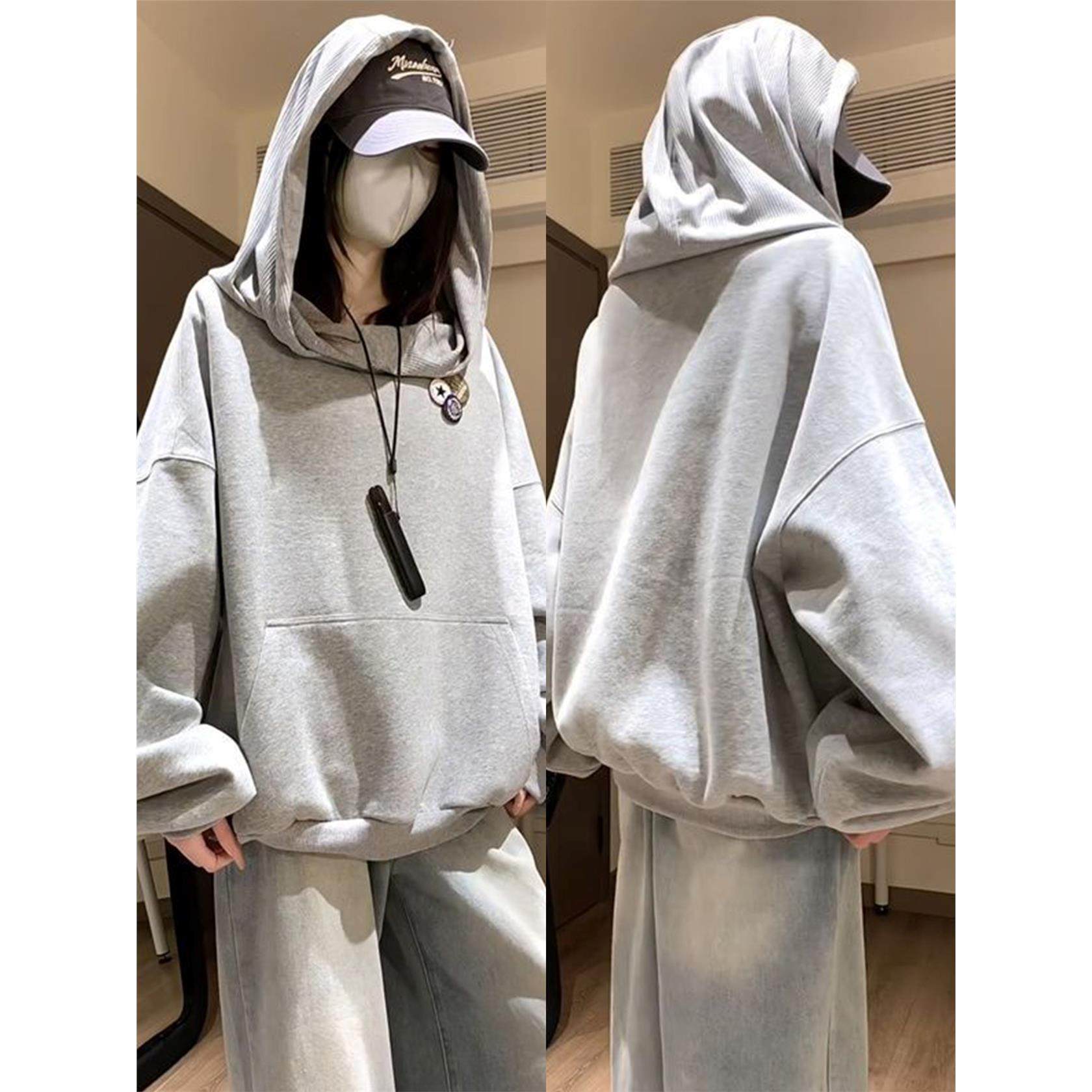 韩系荡领拼接连帽卫衣女秋冬2025新款加绒加厚宽松慵懒风徽章上衣